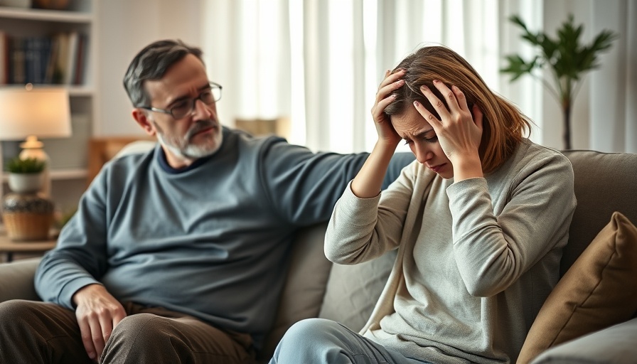 Marriage counseling scene with thoughtful couple in living room.