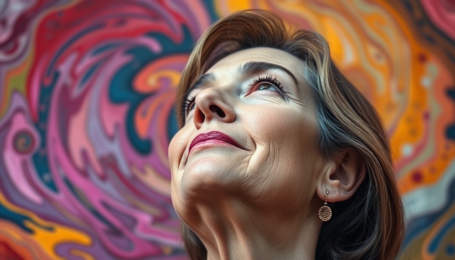 Middle-aged woman in rainbow aura, symbolizing coming out at 50.