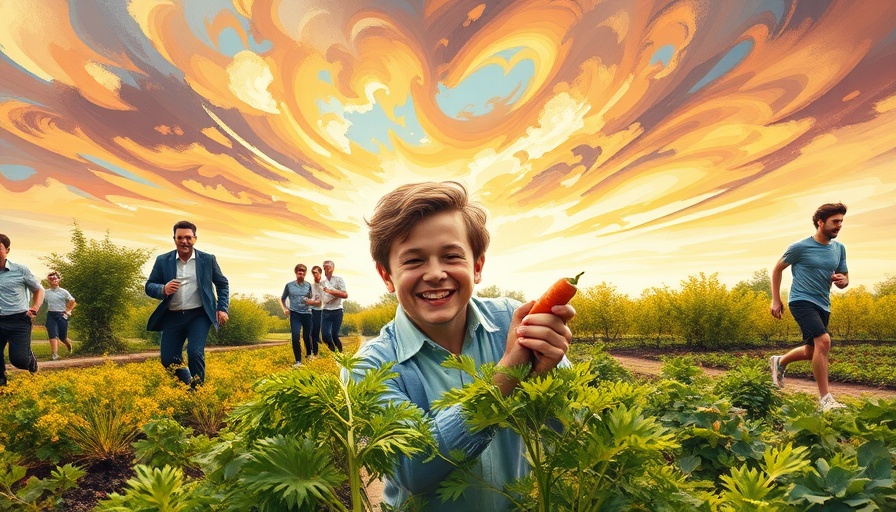 Father and son garden for emotional wellness in vibrant, dynamic scene.
