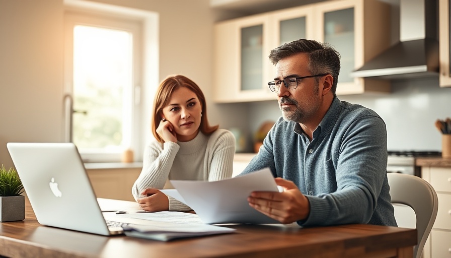 Couple discussing finances at home, seated at a table.