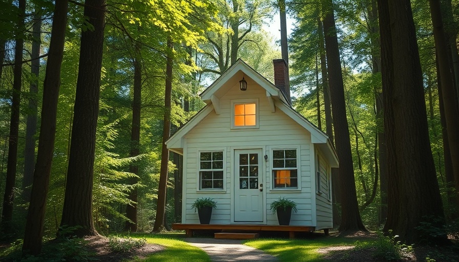 White tiny home in a forest setting with front porch seating.