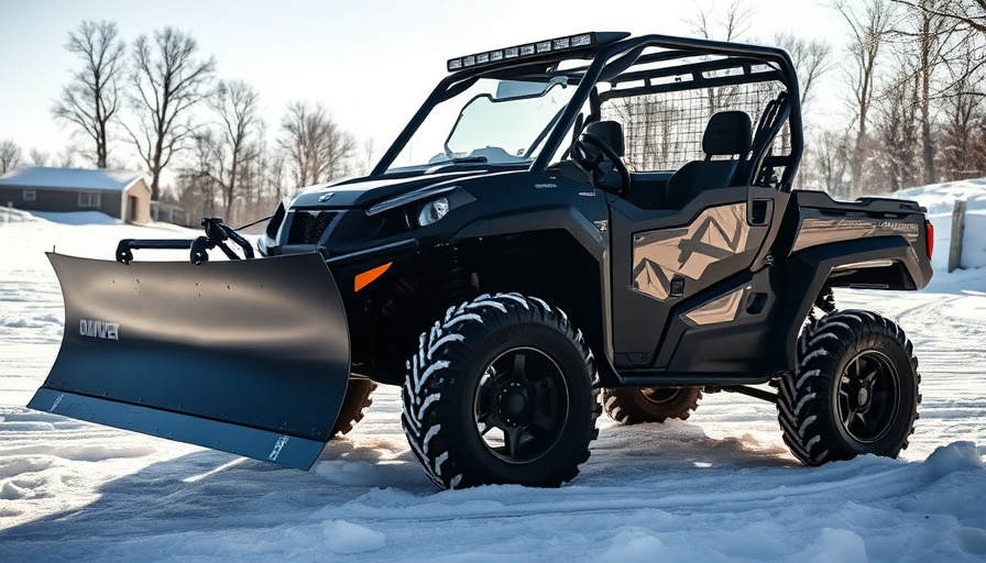 UTV/ATV snow blade: black UTV with snow blade on snowy field