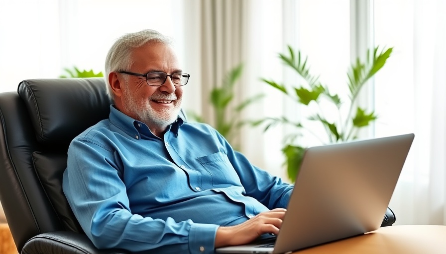 Senior man in recliner using laptop, bright living room.