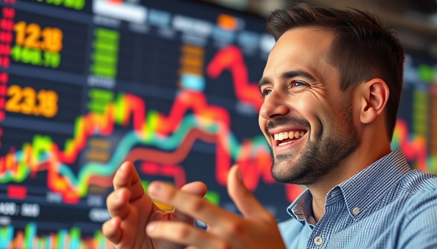 Smiling man with financial charts, housing market predictions.
