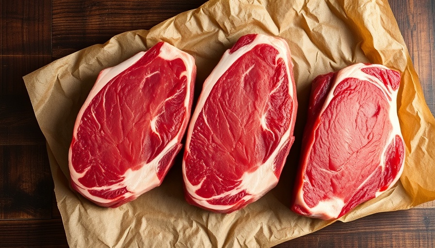 Two uncooked pork steaks on brown paper, rustic table.