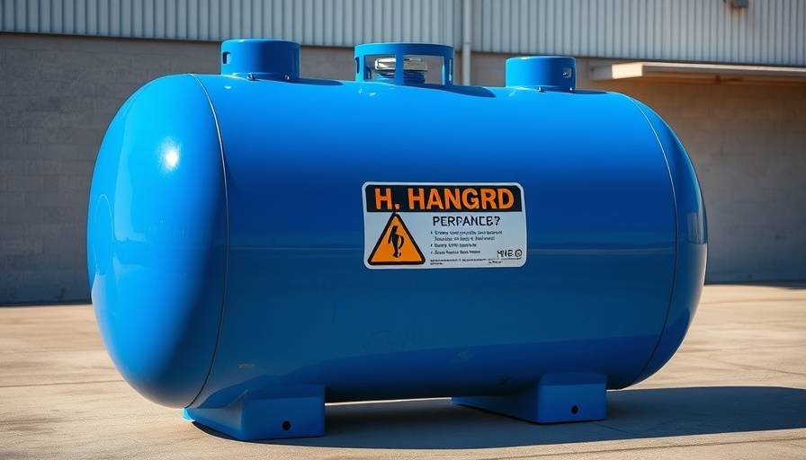 Blue propane tank with hazard sign, outdoors on concrete.