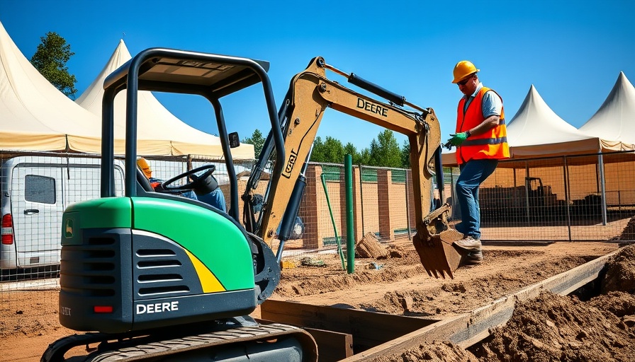 Construction worker guides John Deere mini excavator on site.