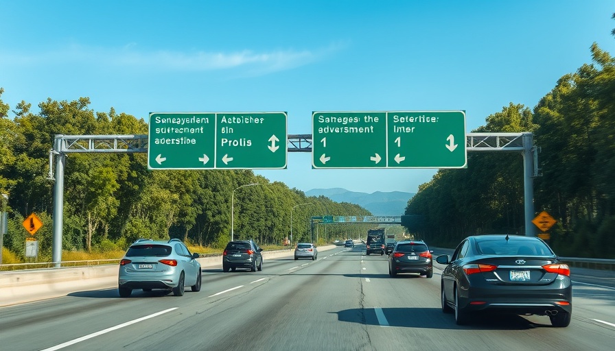 Busy highway with cars and overhead signs. U-Turn on Highway Legal Guidelines.