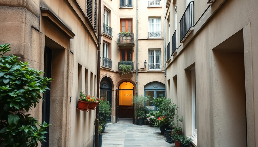 Quaint Paris alleyway leading to courtyard with potted plants