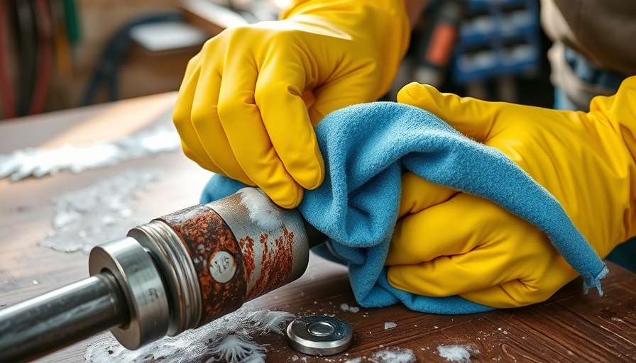 Cleaning rust from metal tool with blue cloth and yellow gloves.
