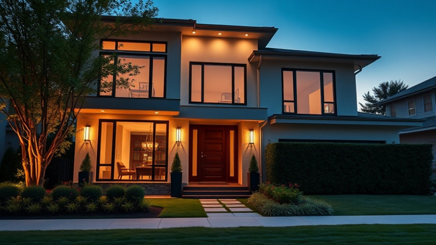 Modern house with elegant front entry designs at twilight.