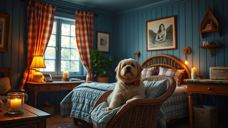Charming bedroom paint color ideas with blue tones, featuring a cozy setting and a dog on a chair.