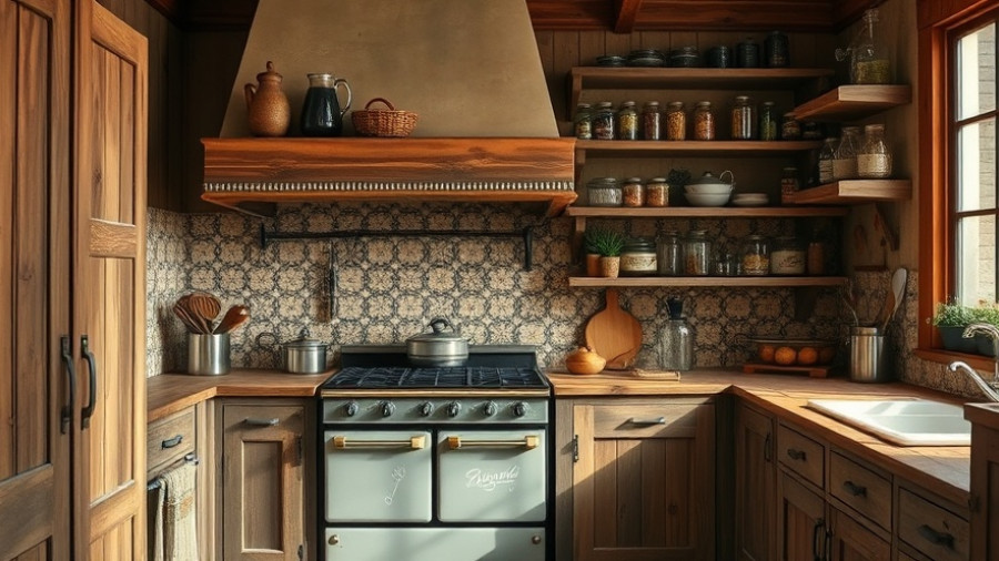 Rustic country kitchen design with vintage stove and wooden cabinets.