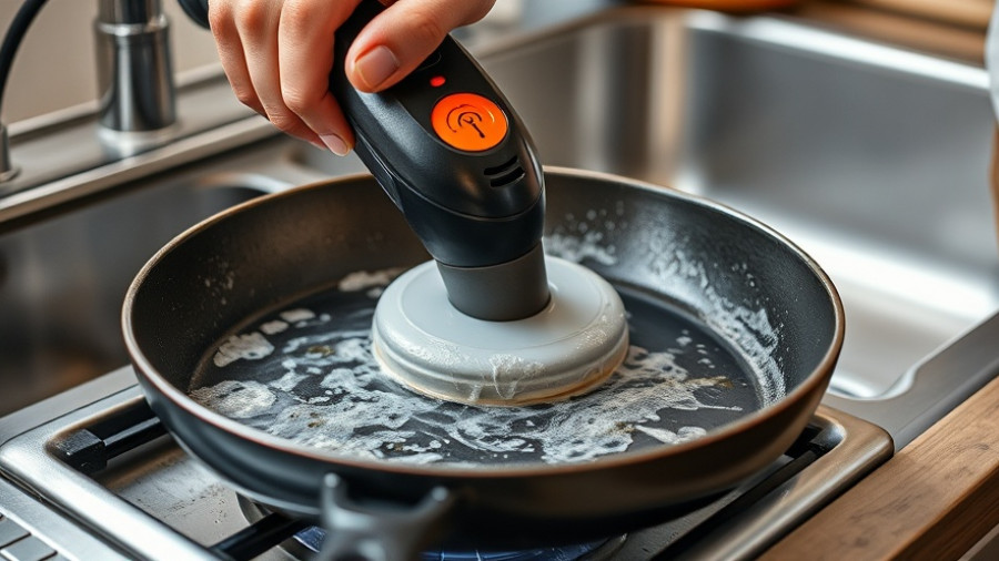 Person using power scrubber on frying pan in kitchen, best power scrubbers.