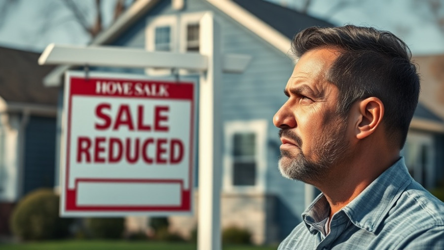 Housing Correction Insights - Pensive man with price reduced sign.
