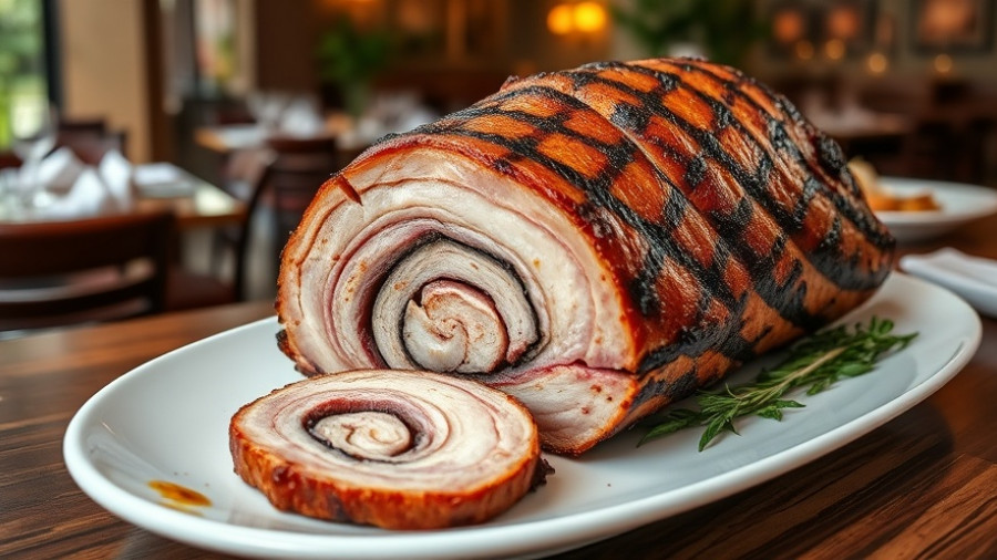 Delicious grilled porchetta with herbs on white platter.