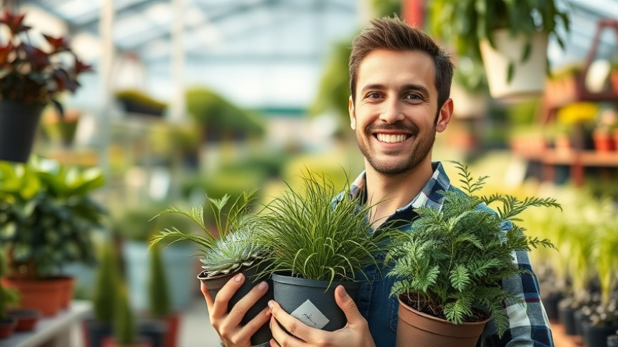 Cheerful man with new plants for 2026, indoor garden center.
