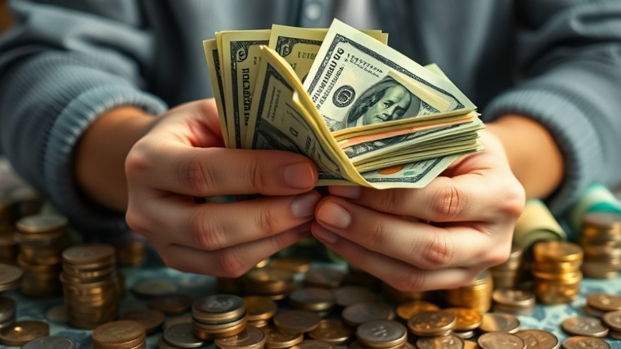 Hands counting money among stacked coins representing debt funds for homeowners.