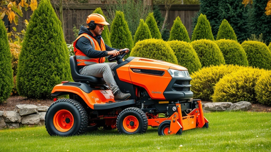 Man using lawnmower with safety gear in garden, fall lawn equipment safety.