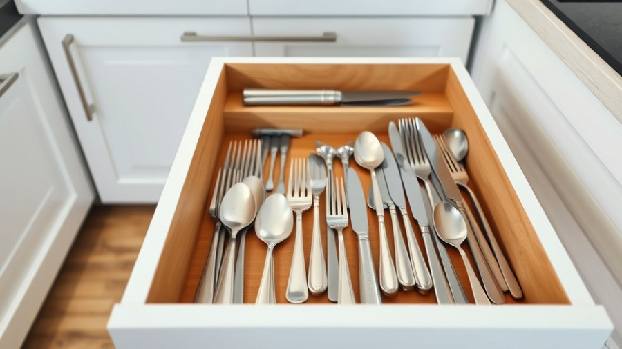 Neatly organized flatware drawer in a modern kitchen.