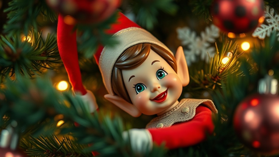 Elf on the Shelf in a Christmas tree hiding spot.
