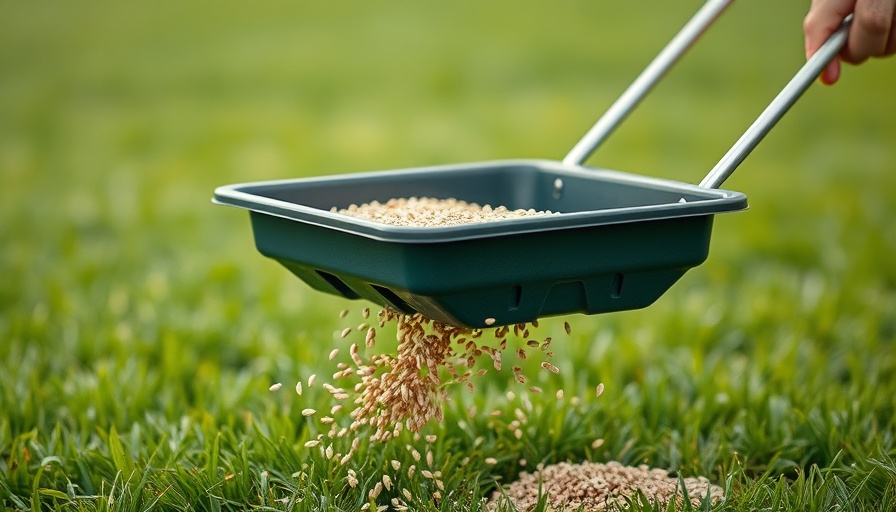 Hand-held seed spreader distributing grass seed for overseeding a lawn
