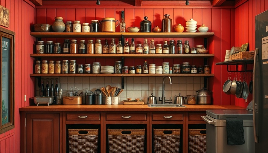 Rustic kitchen interior with red shelves and jars, American kitchen companies