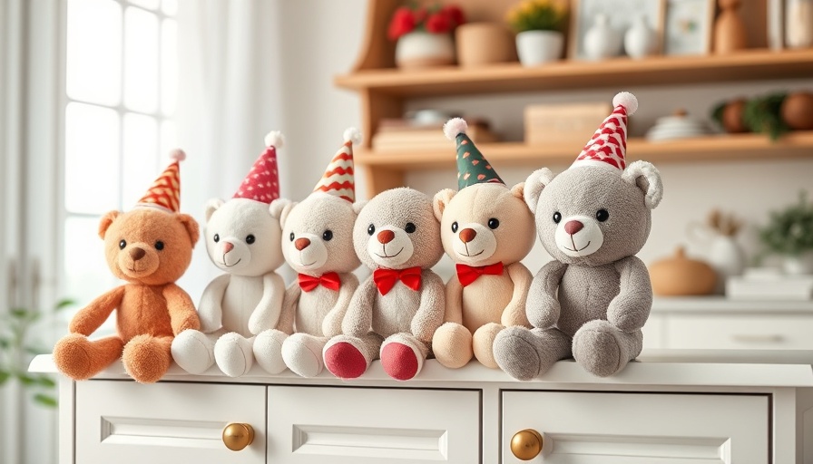 Plush toys with party hats for 1st birthday party decor ideas.