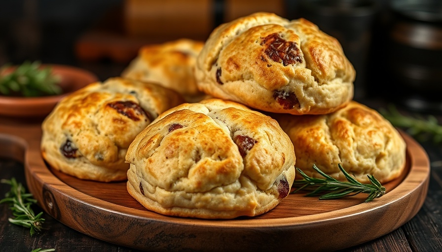 Golden brisket scones on a platter with rosemary sprigs.