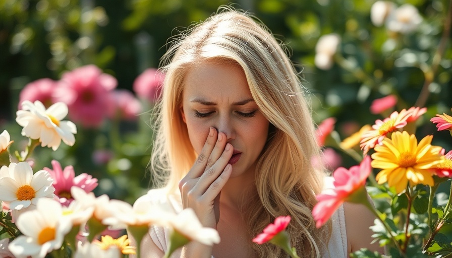 Woman sneezing in garden during 2025 spring allergy season.