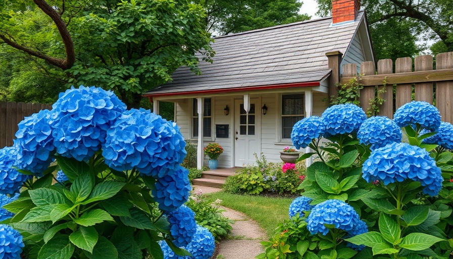 Charming home exteriors: Vintage cottage with lush garden and hydrangeas.