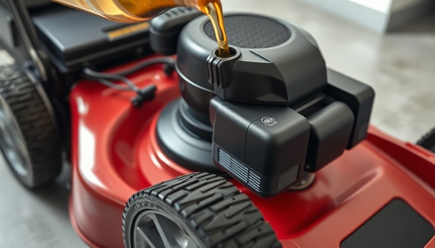 Close-up of lawn mower oil being added to engine.