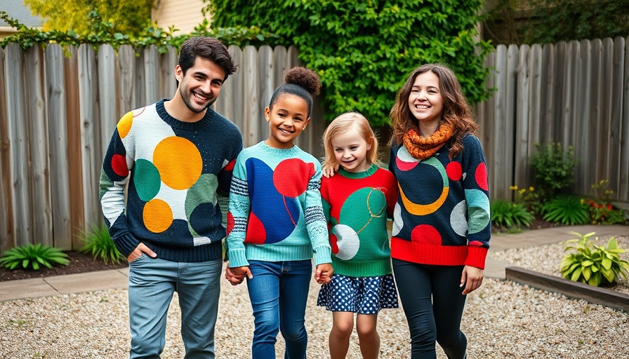Phoebe Sung Cold Picnic design sweaters in backyard scene