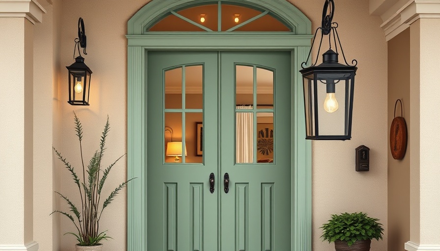 Sage green front door with vintage lantern lighting.