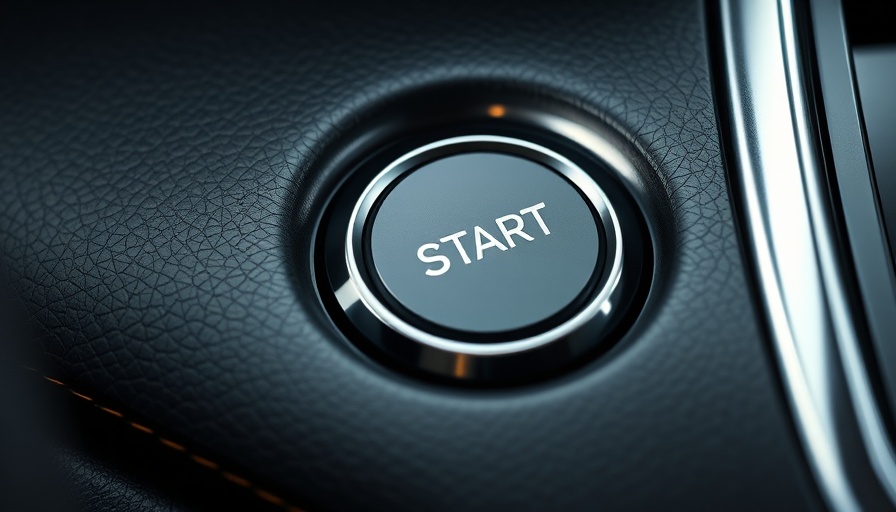Close-up of car engine start-stop button on leather dashboard