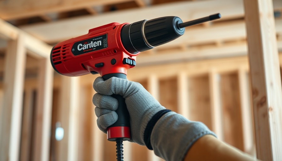 Red power drill in use by DIYer in construction setting.