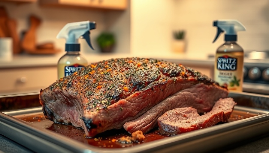 Smoking brisket like a pro with Spritz King on kitchen counter.
