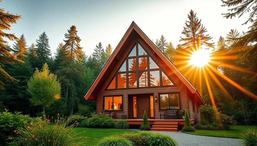 Charming A-frame kit home at sunrise with vibrant landscape.