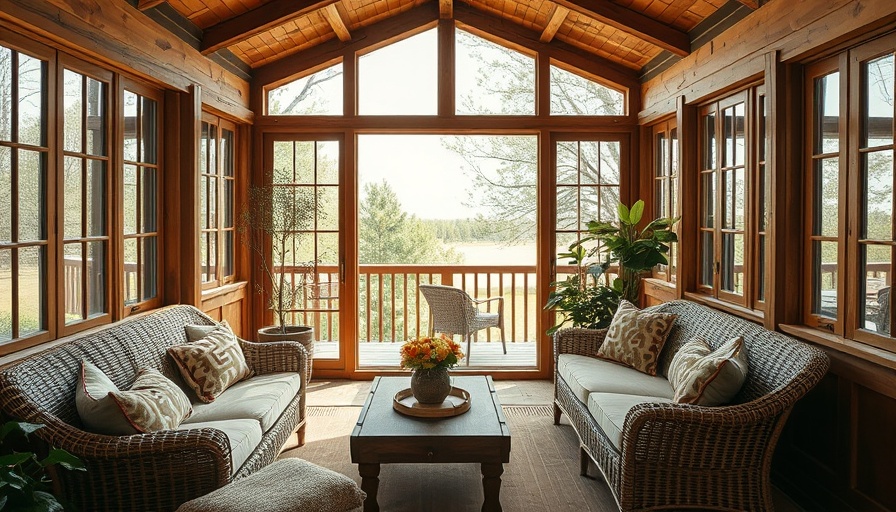 Gainesville home renovation: Rustic sunroom interior with large windows.