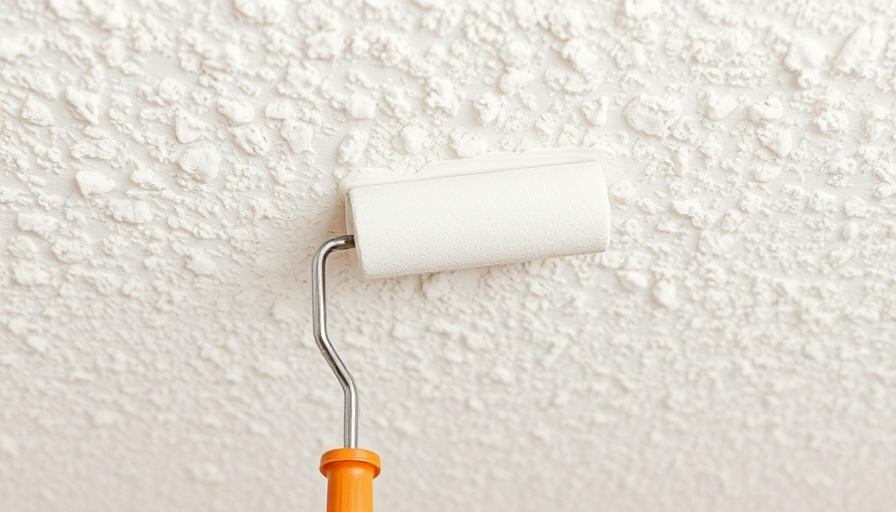 Painting popcorn ceiling with a roller in close-up view.