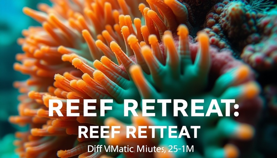Close-up of coral polyps with Reef Retreat event details.