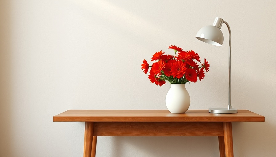 Minimalist home decoration with wooden table, vase, and lamp