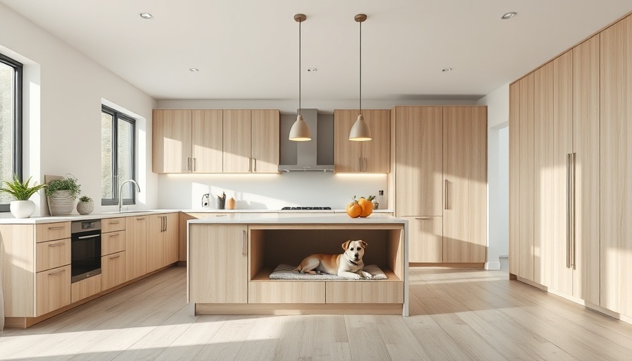 Modern minimalist kitchen with pet built-in design featuring a dog