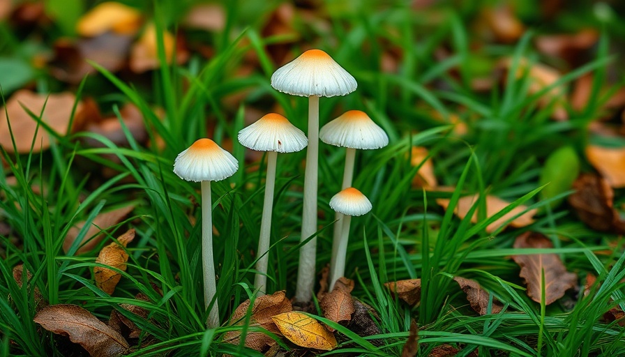White mushrooms growing in grass with fallen leaves, photorealistic.