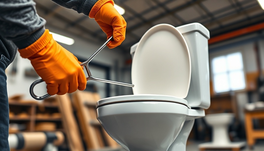 Demonstrating how to unclog toilet with a hanger in workshop.