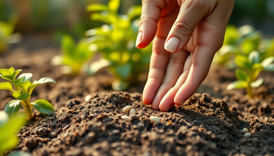Hands demonstrating cheap seed-spacing tricks by sprinkling seeds outdoors.