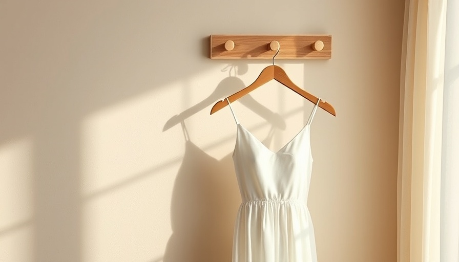 Minimalist wooden hook displaying white dress, serene setting.