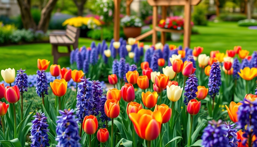 Lush garden with vibrant flower beds and wooden bench
