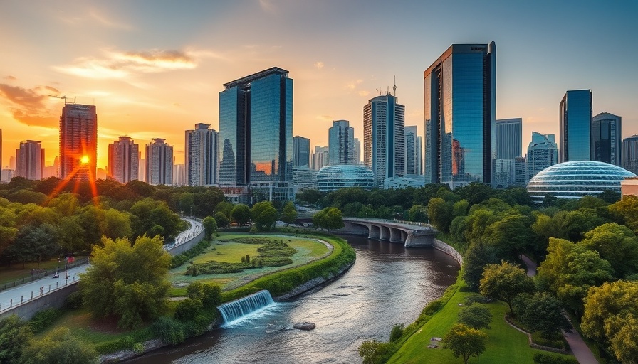 Vibrant cityscape at sunset, showcasing modern architecture amidst nature.
