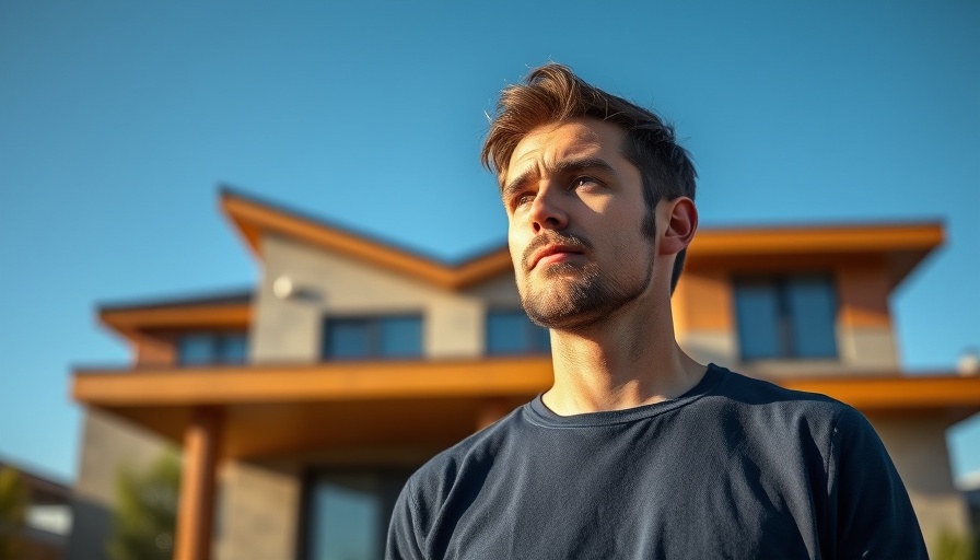 First-time homebuyer tips: man contemplating house purchase under blue sky.